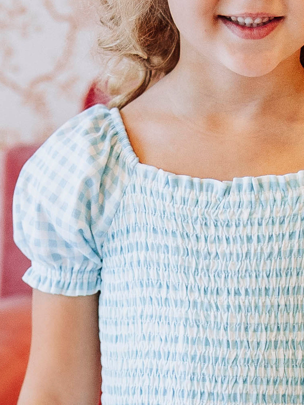 Smocked Romper - Blue Gingham Cotton Lined Puff Sleeves Ankle