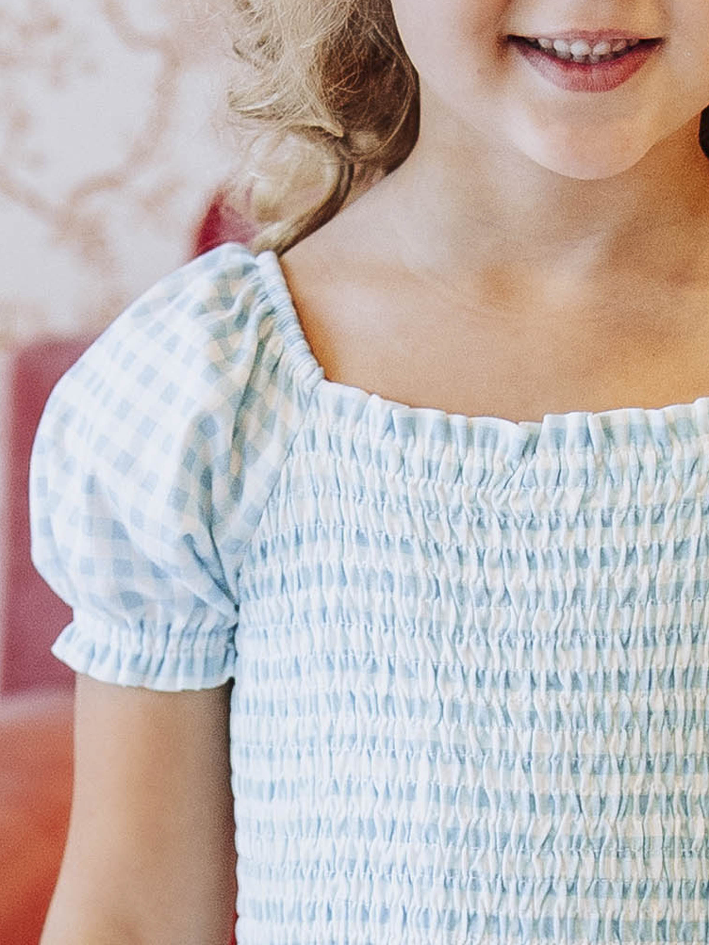 Smocked Romper - Blue Gingham Cotton Lined Puff Sleeves Ankle