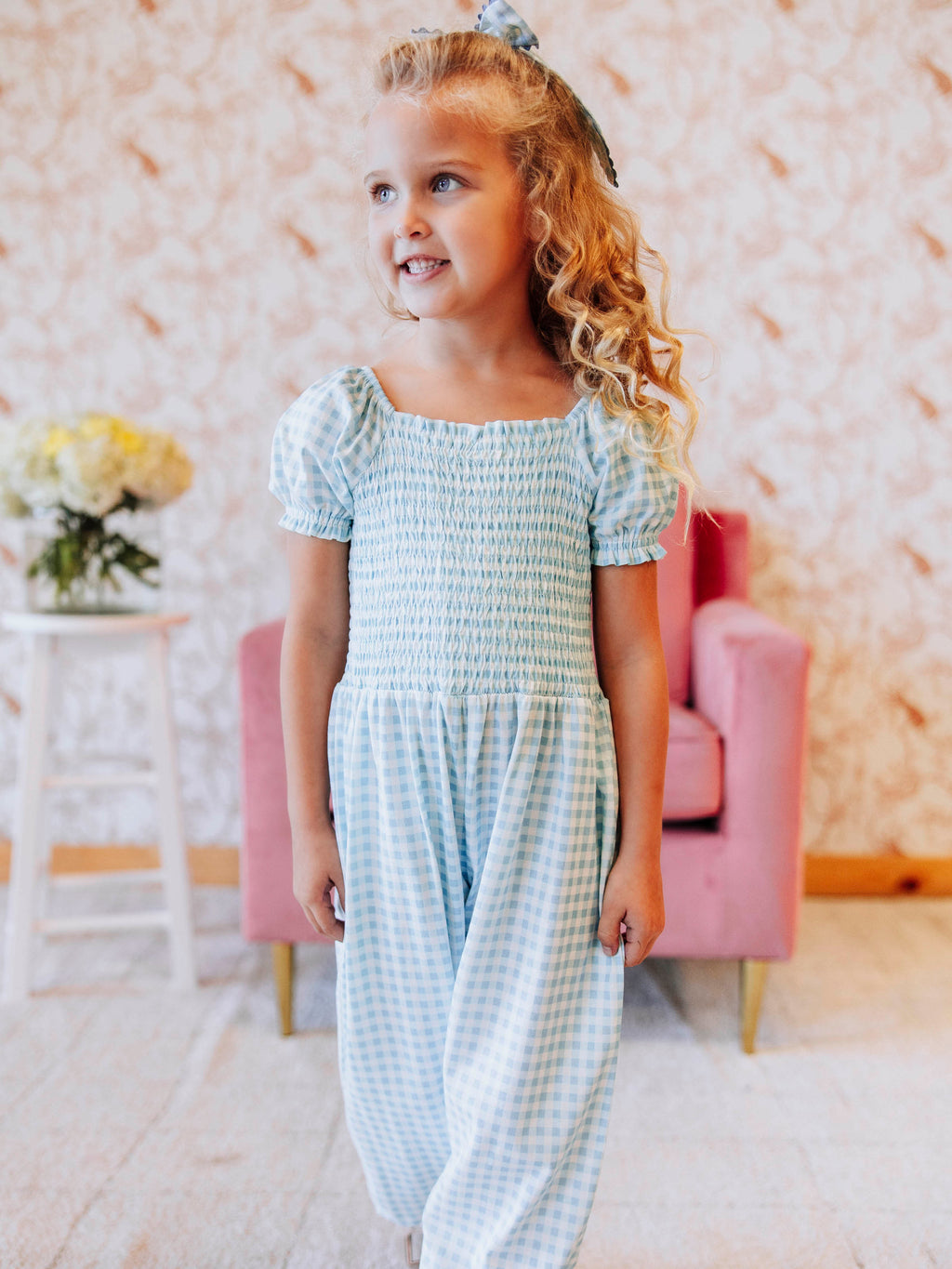 Smocked Romper - Blue Gingham Cotton Lined Puff Sleeves Ankle