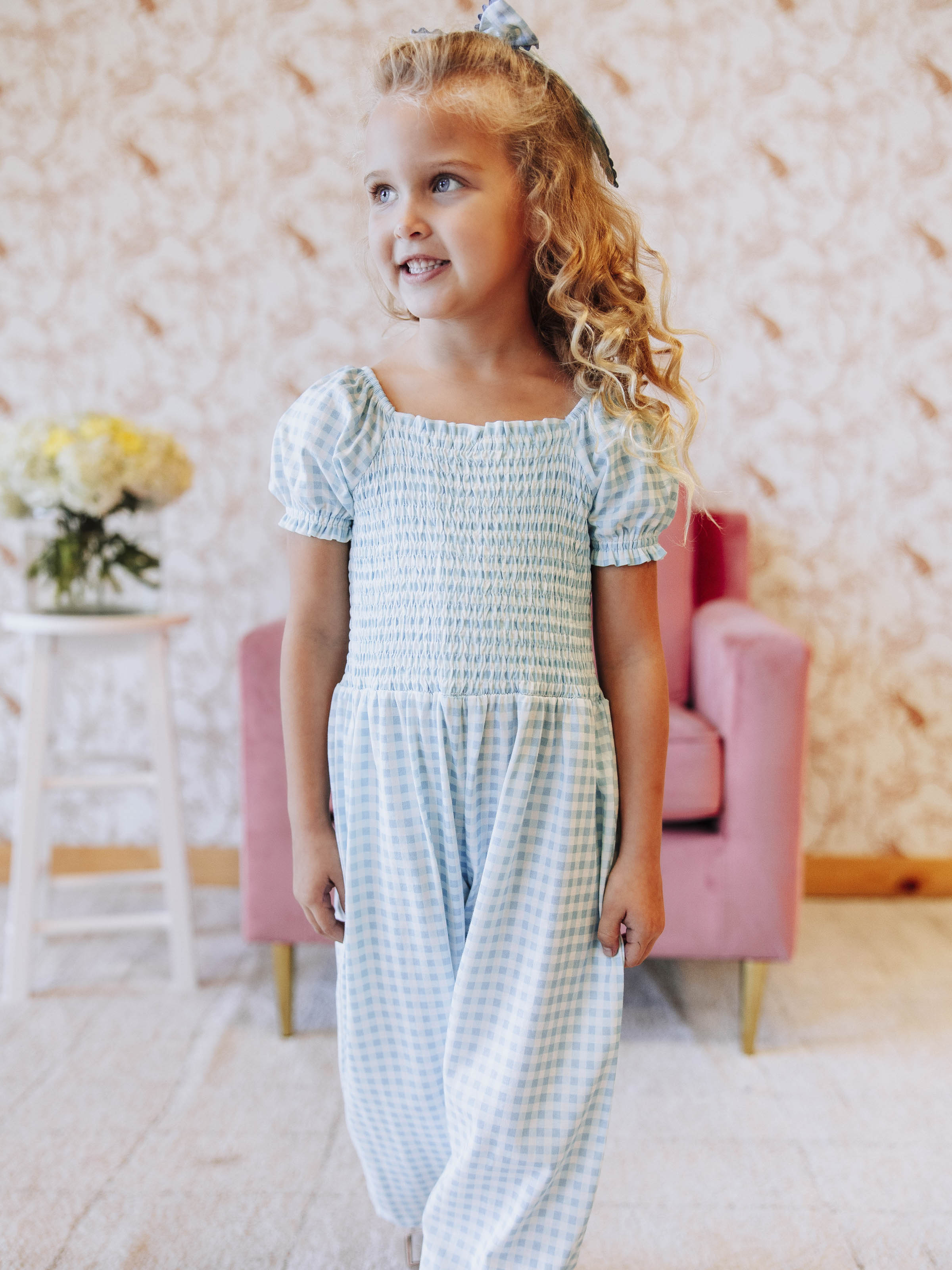 Smocked Romper - Blue Gingham Cotton Lined Puff Sleeves Ankle