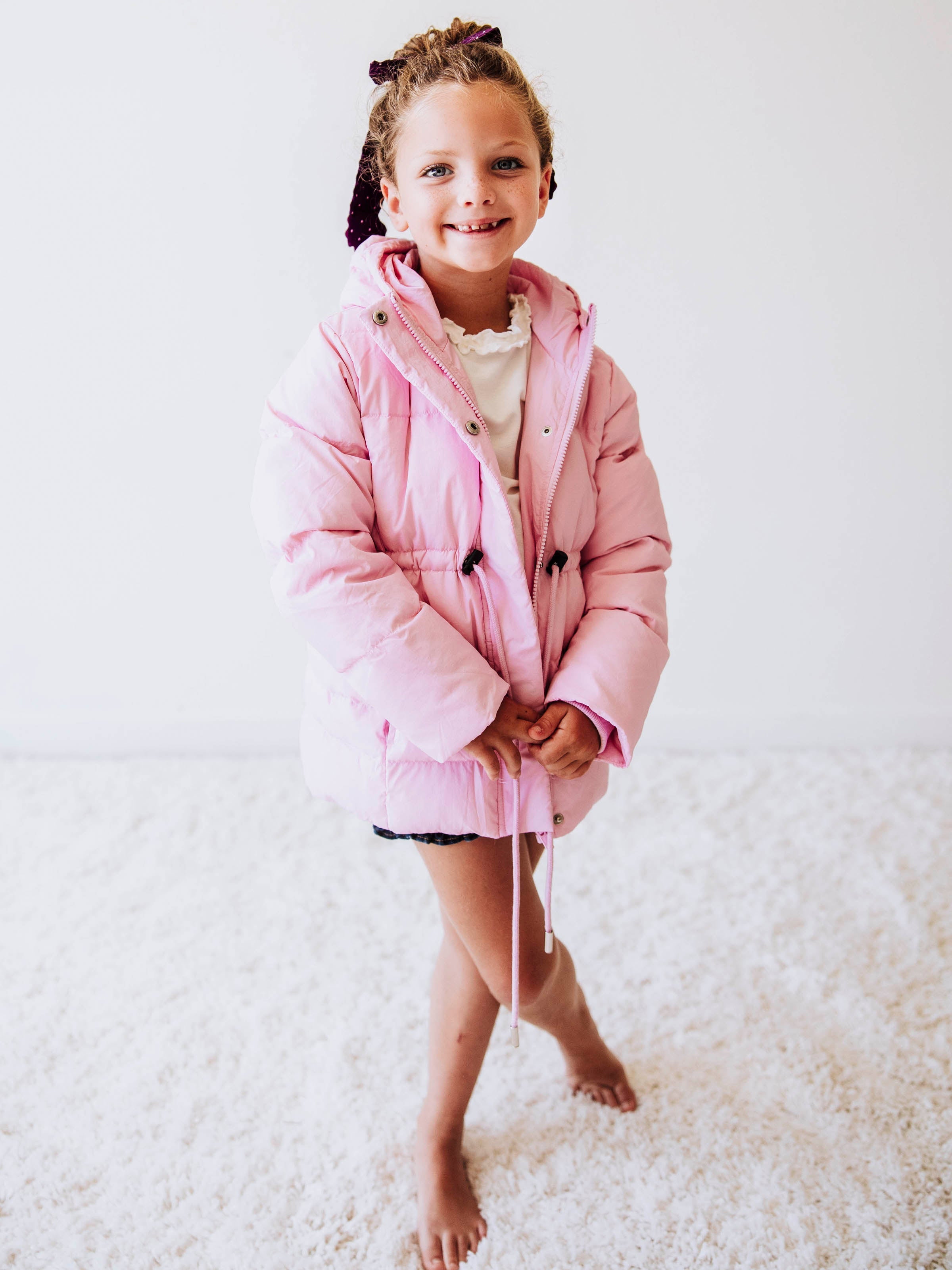 Puffer Jacket - Rose Mist Nylon Zip Hood Pockets Toggle Waist