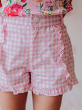 Ruffled Shorts - Pink Gingham Cotton Lined Button Closure