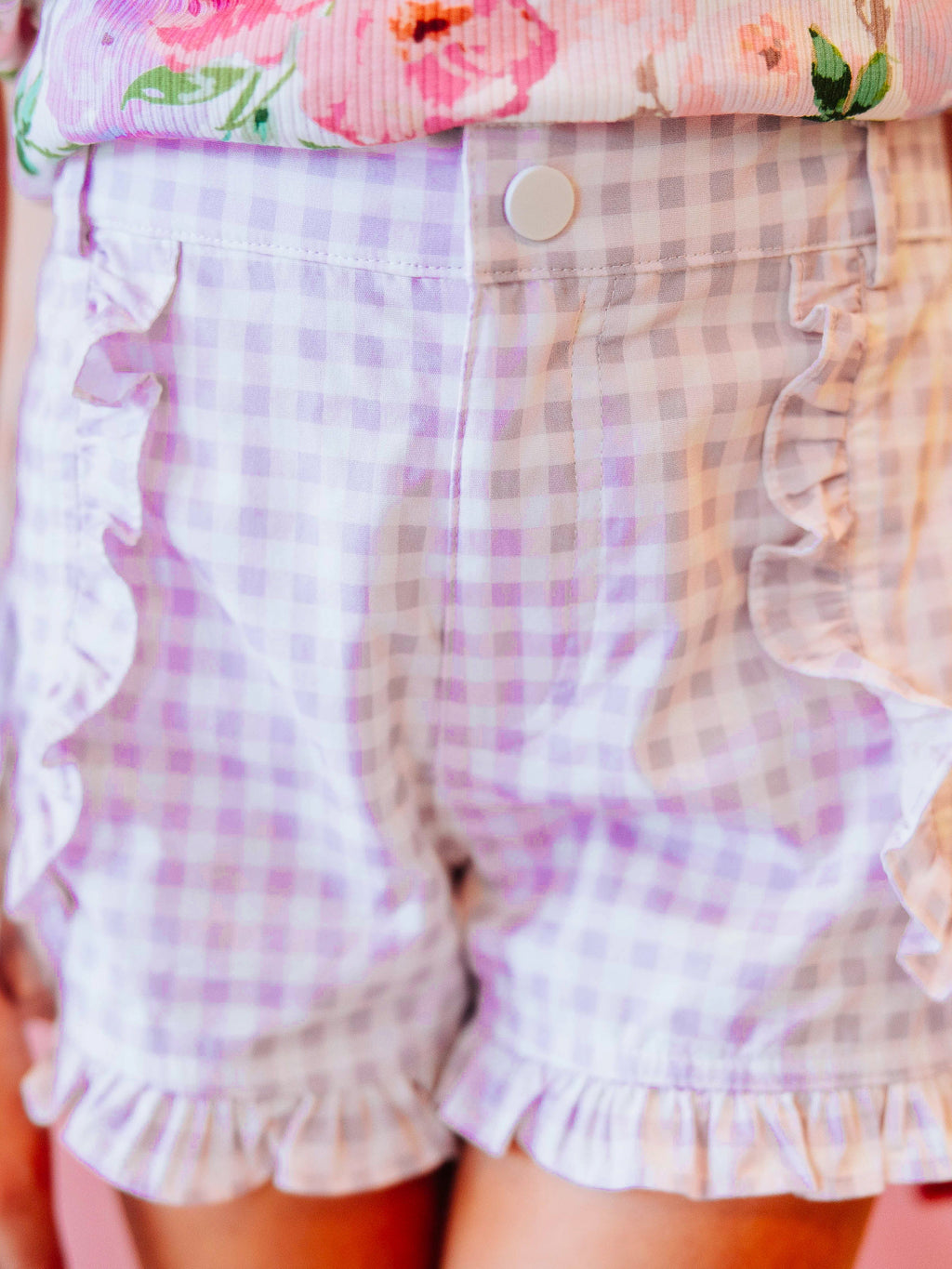 Ruffled Shorts - Purple Gingham Cotton Lined Back Pockets