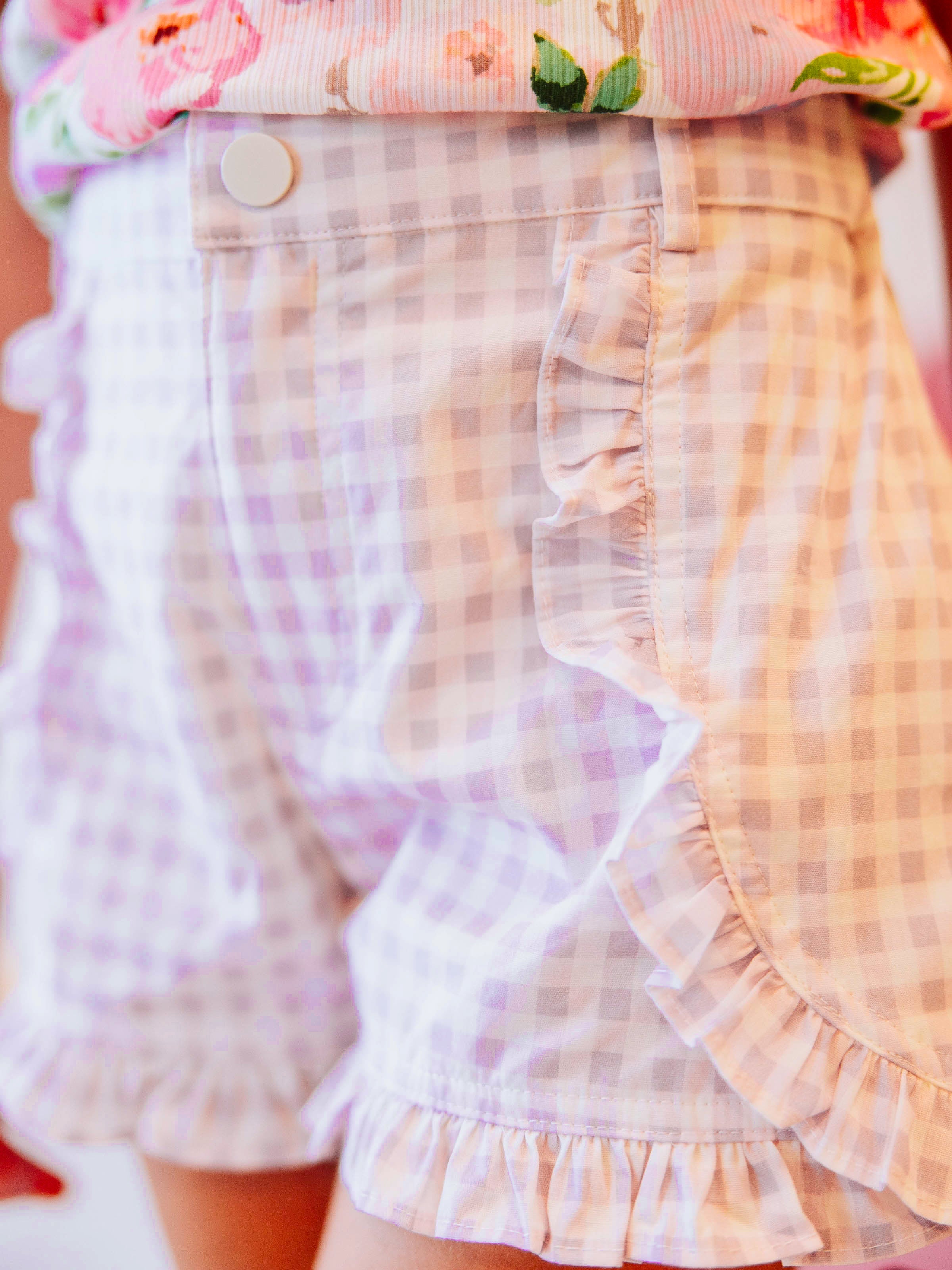 Ruffled Shorts - Purple Gingham Cotton Lined Back Pockets