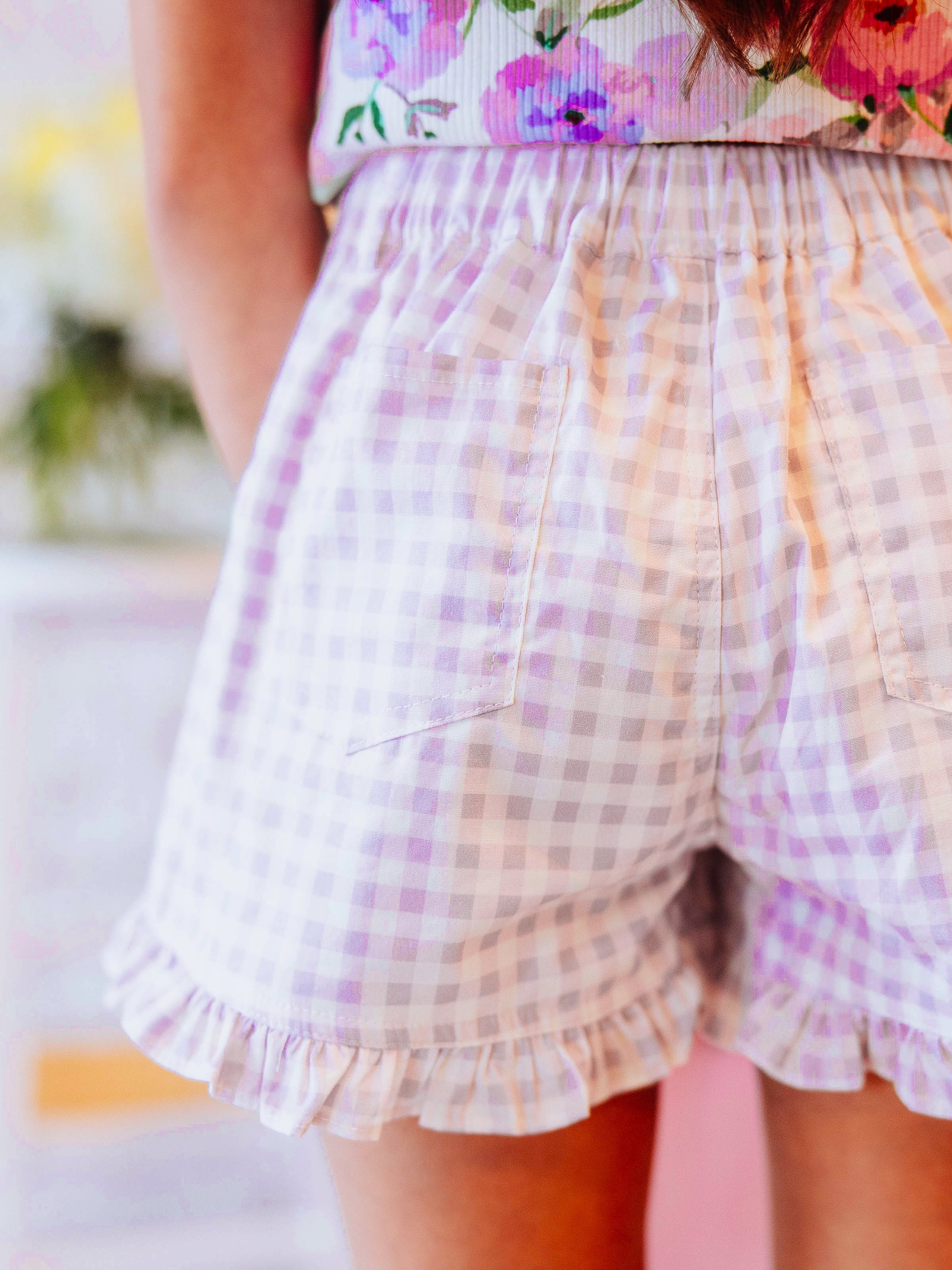Ruffled Shorts - Purple Gingham Cotton Lined Back Pockets