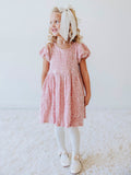 Sequin Dress - Pink Shimmer Polyester Velvet Zip Puff Sleeve