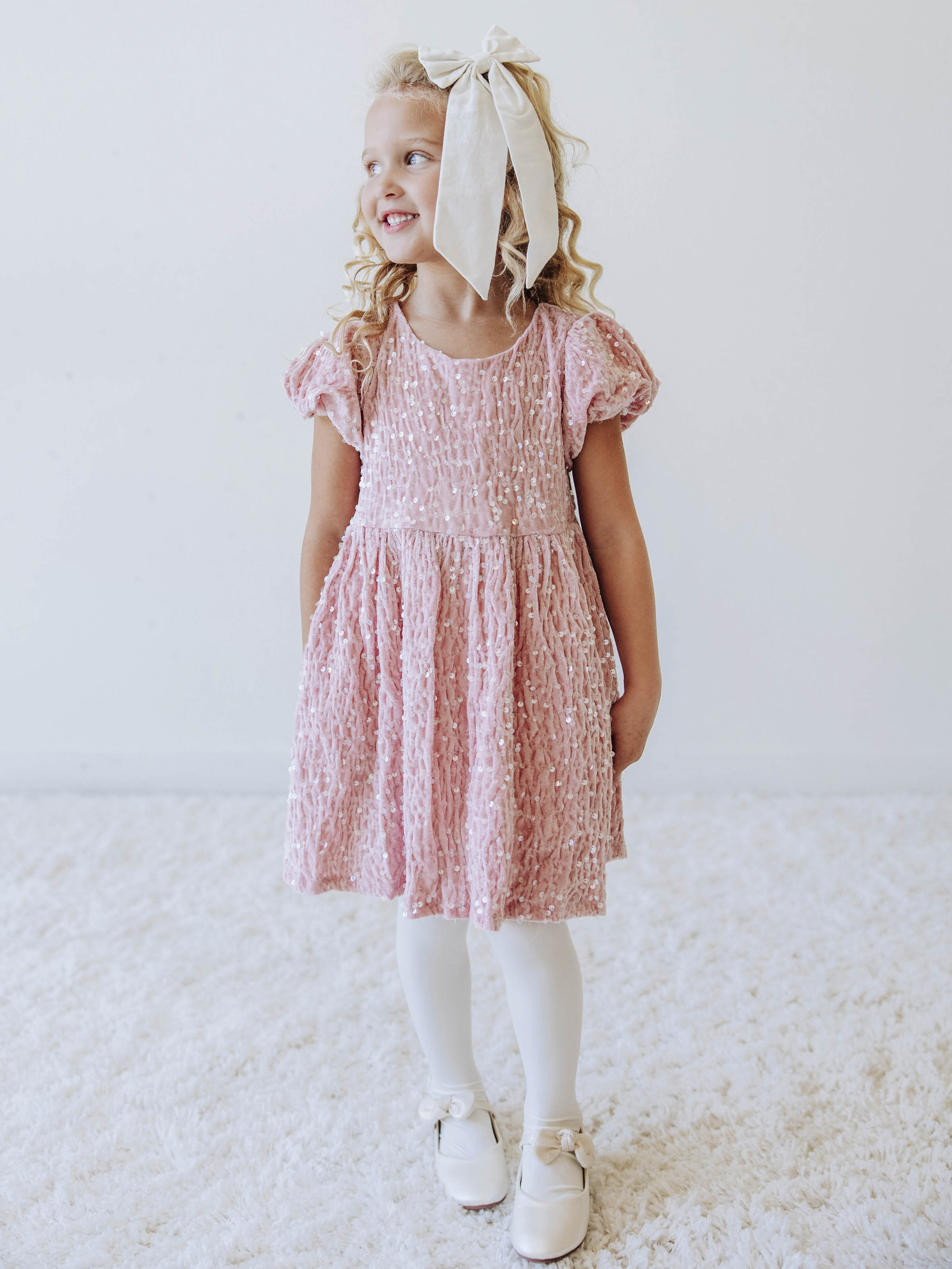 Sequin Dress - Pink Shimmer Polyester Velvet Zip Puff Sleeve