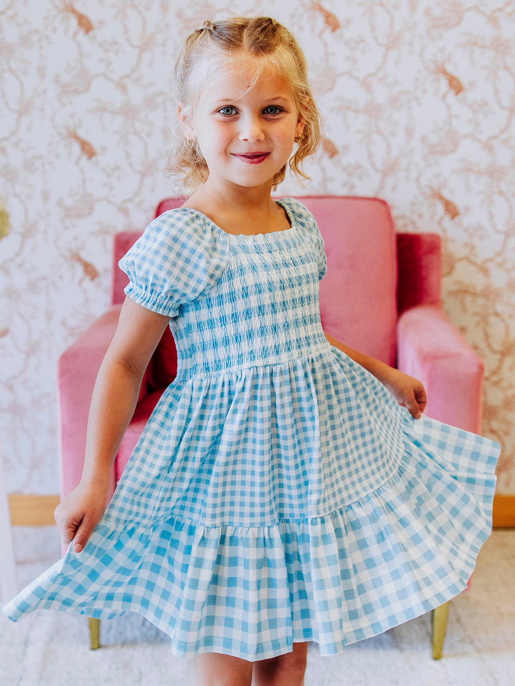 Puff Sleeve Dress - Blue Gingham Cotton Smocked Hidden Pockets