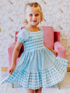 Puff Sleeve Dress - Blue Gingham Cotton Smocked Hidden Pockets