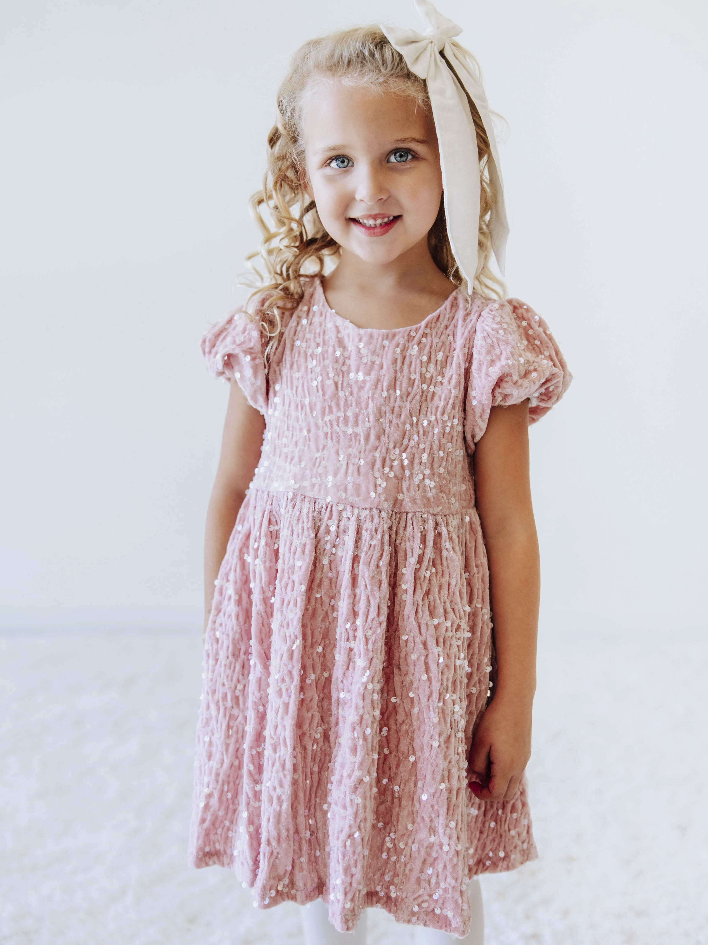 Sequin Dress - Pink Shimmer Polyester Velvet Zip Puff Sleeve