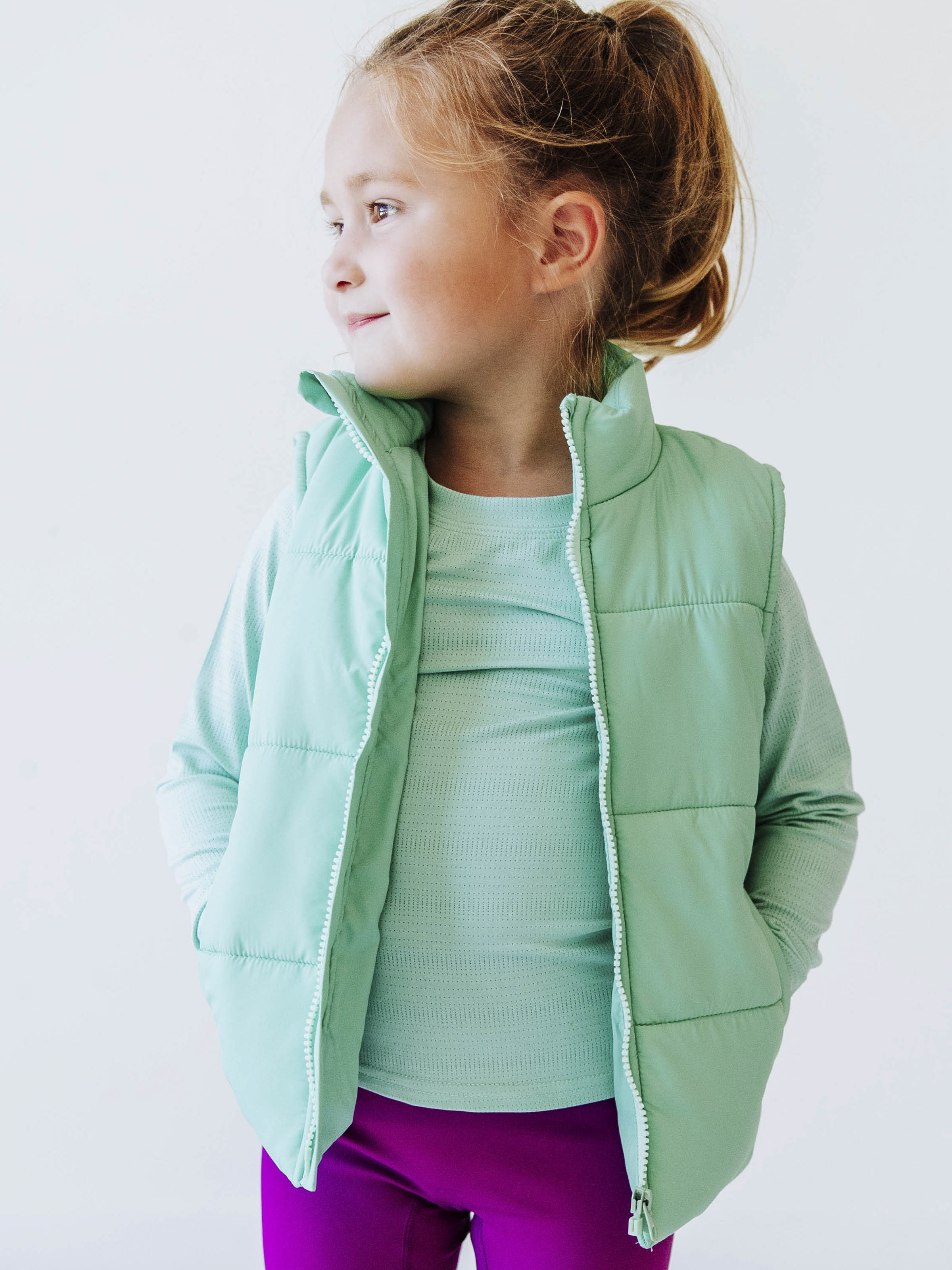 Puffer Vest - Seafoam Green Zip Lined Side Pockets