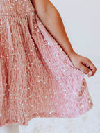 Sequin Dress - Pink Shimmer Polyester Velvet Zip Puff Sleeve