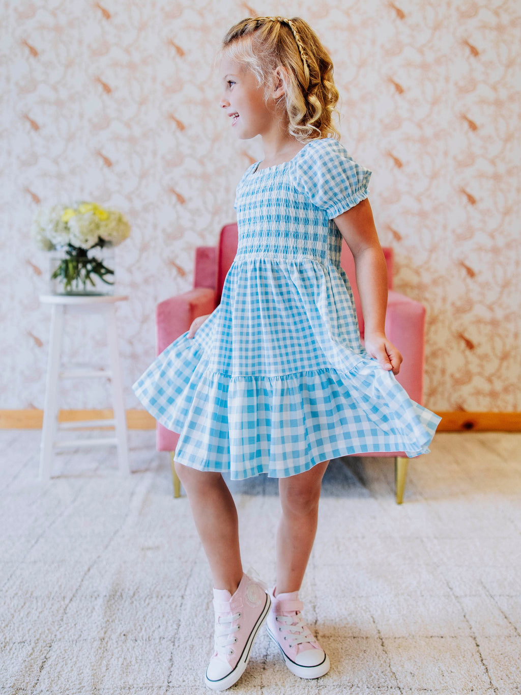 Puff Sleeve Dress - Blue Gingham Cotton Smocked Hidden Pockets