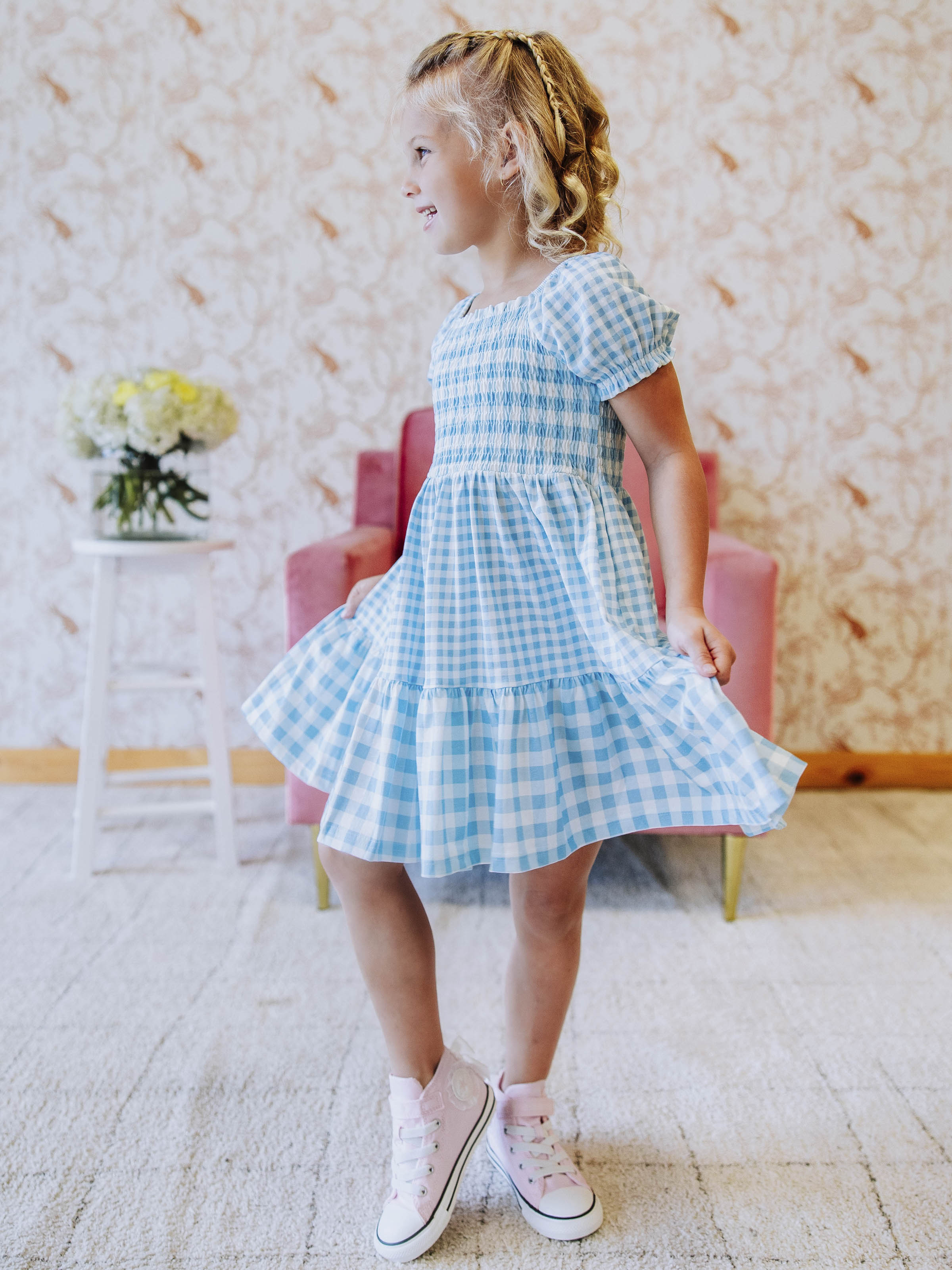 Puff Sleeve Dress - Blue Gingham Cotton Smocked Hidden Pockets