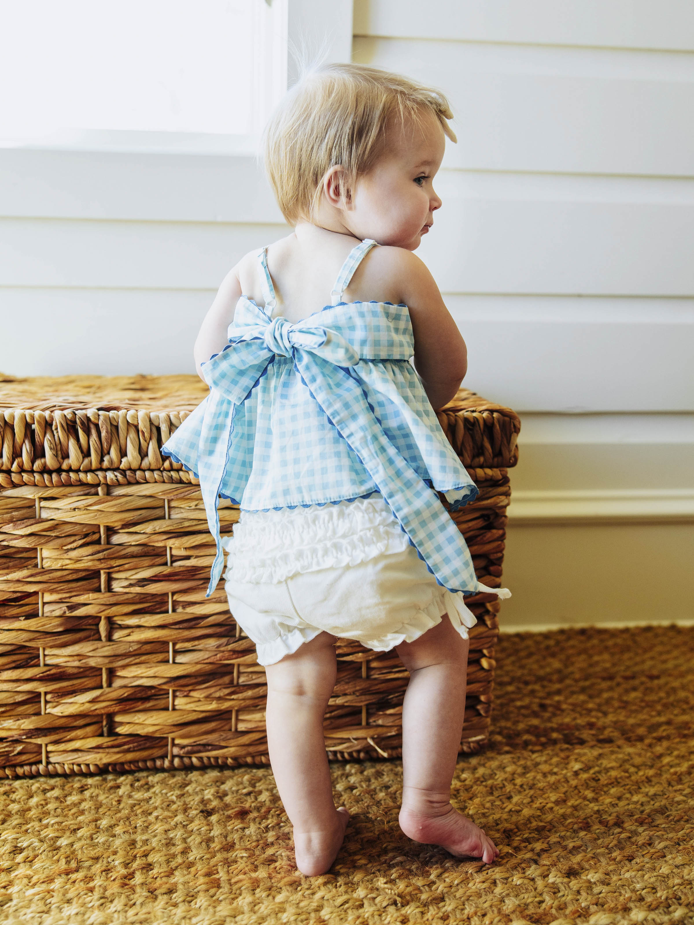 Denim Bloomers - White Cotton Lined Elastic Ruffled Hem
