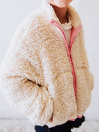 Sherpa Full Zip Jacket - Cream Polyester Mesh Lined Cuffs