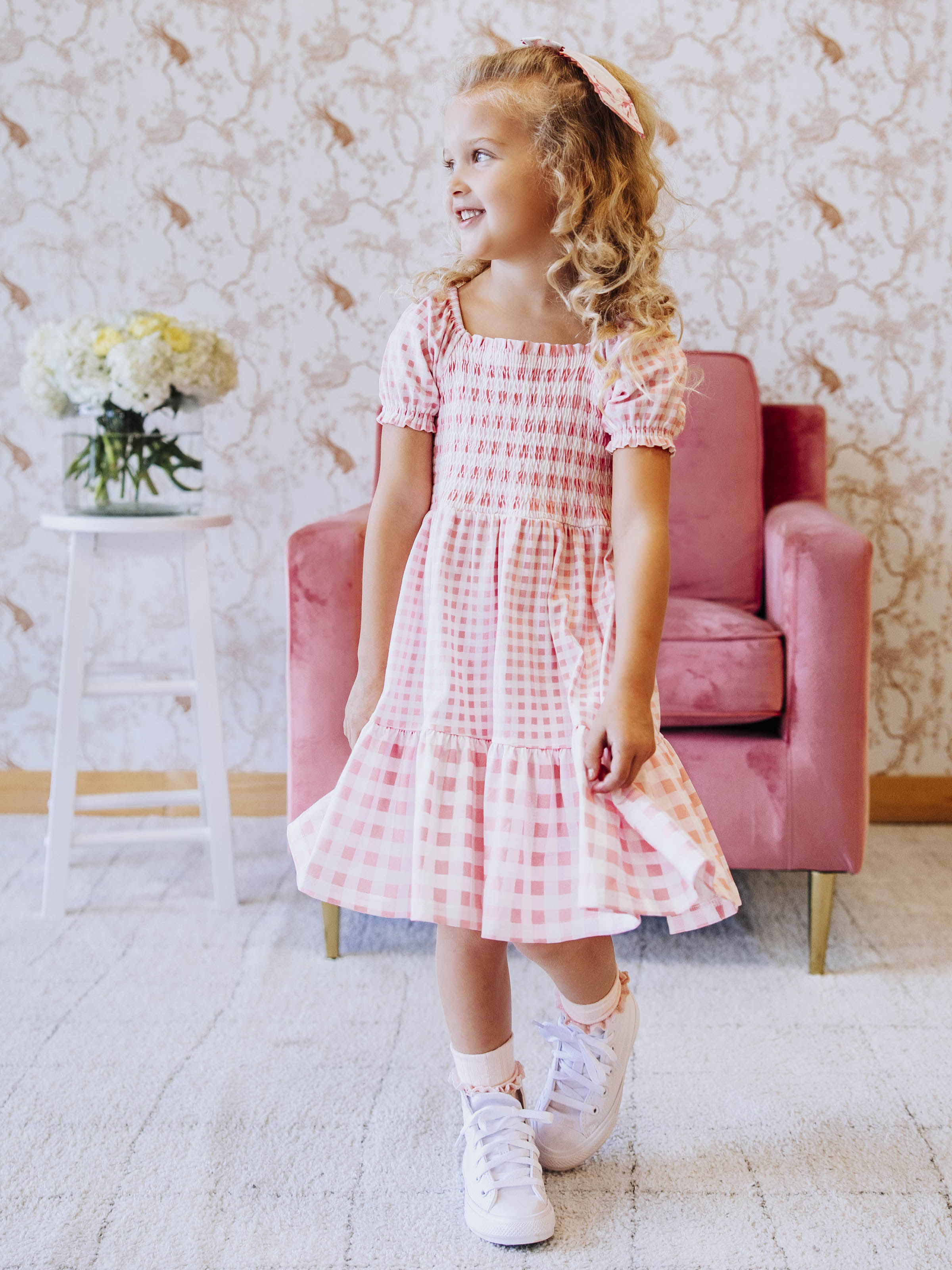 Puff Sleeve Dress - Pink Gingham Cotton Smocked Elastic Sleeves