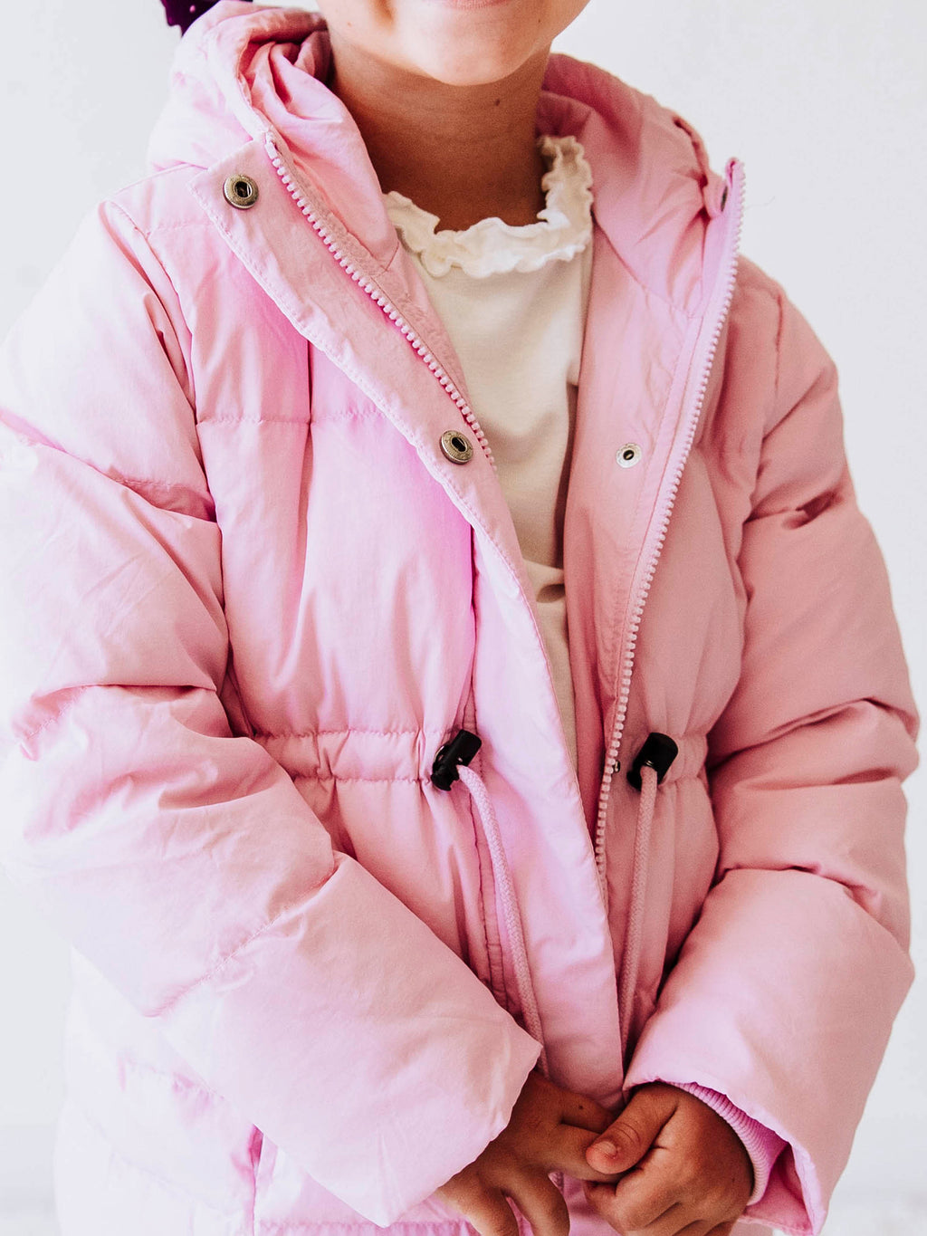 Puffer Jacket - Rose Mist Nylon Zip Hood Pockets Toggle Waist