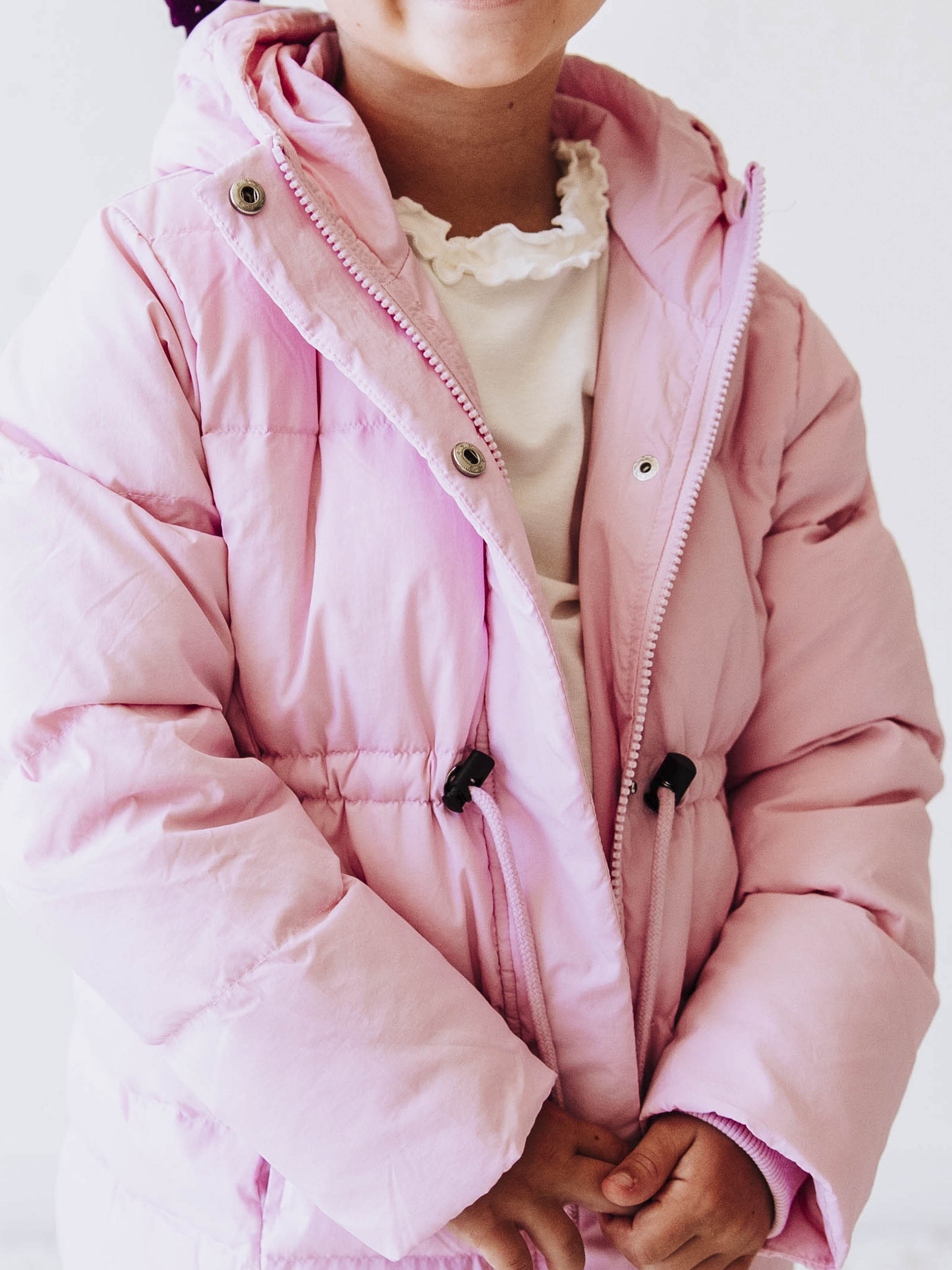 Puffer Jacket - Rose Mist Nylon Zip Hood Pockets Toggle Waist