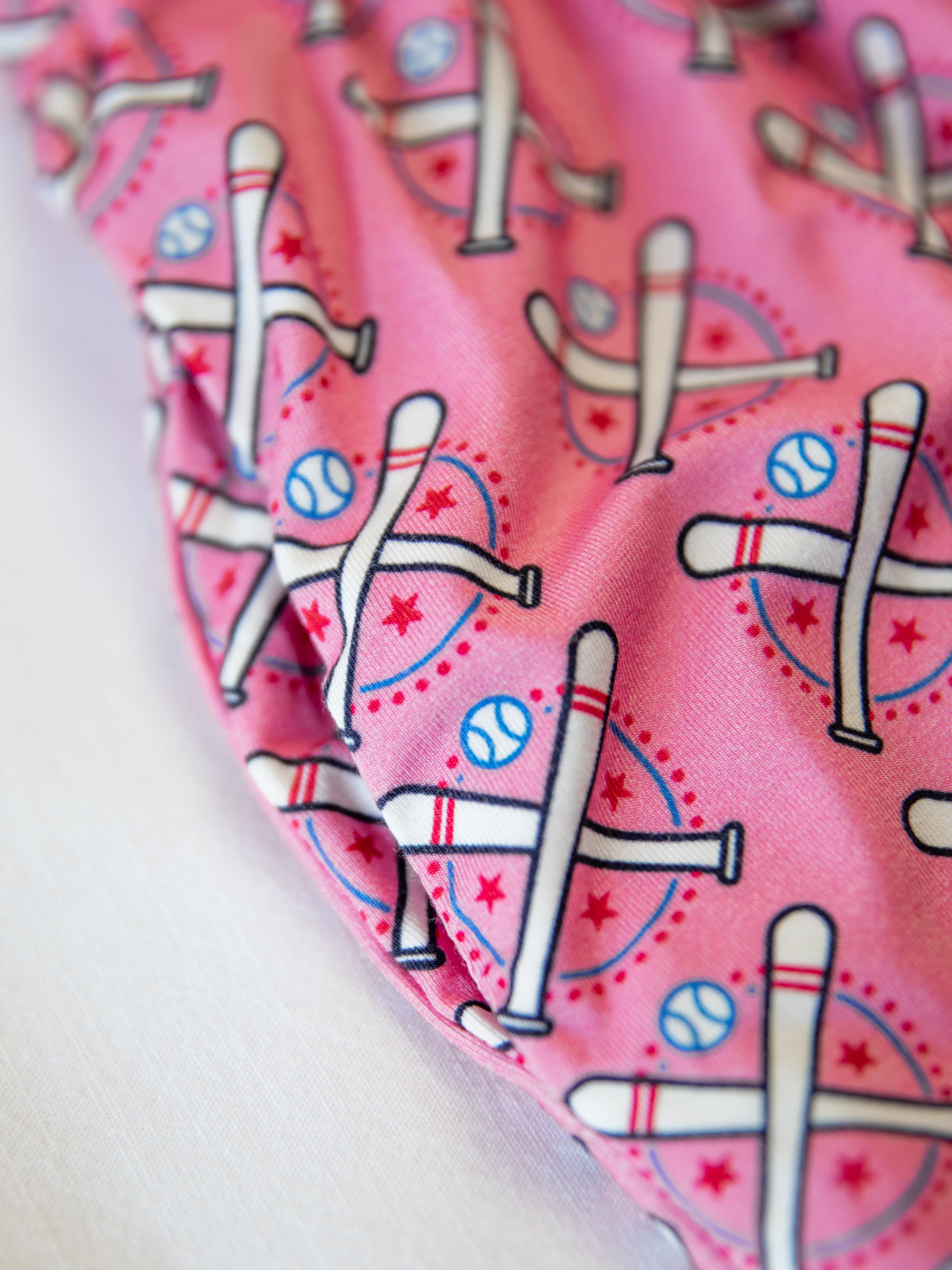 Short Leggy Romper - Baseball Bats Pink Lined Pockets