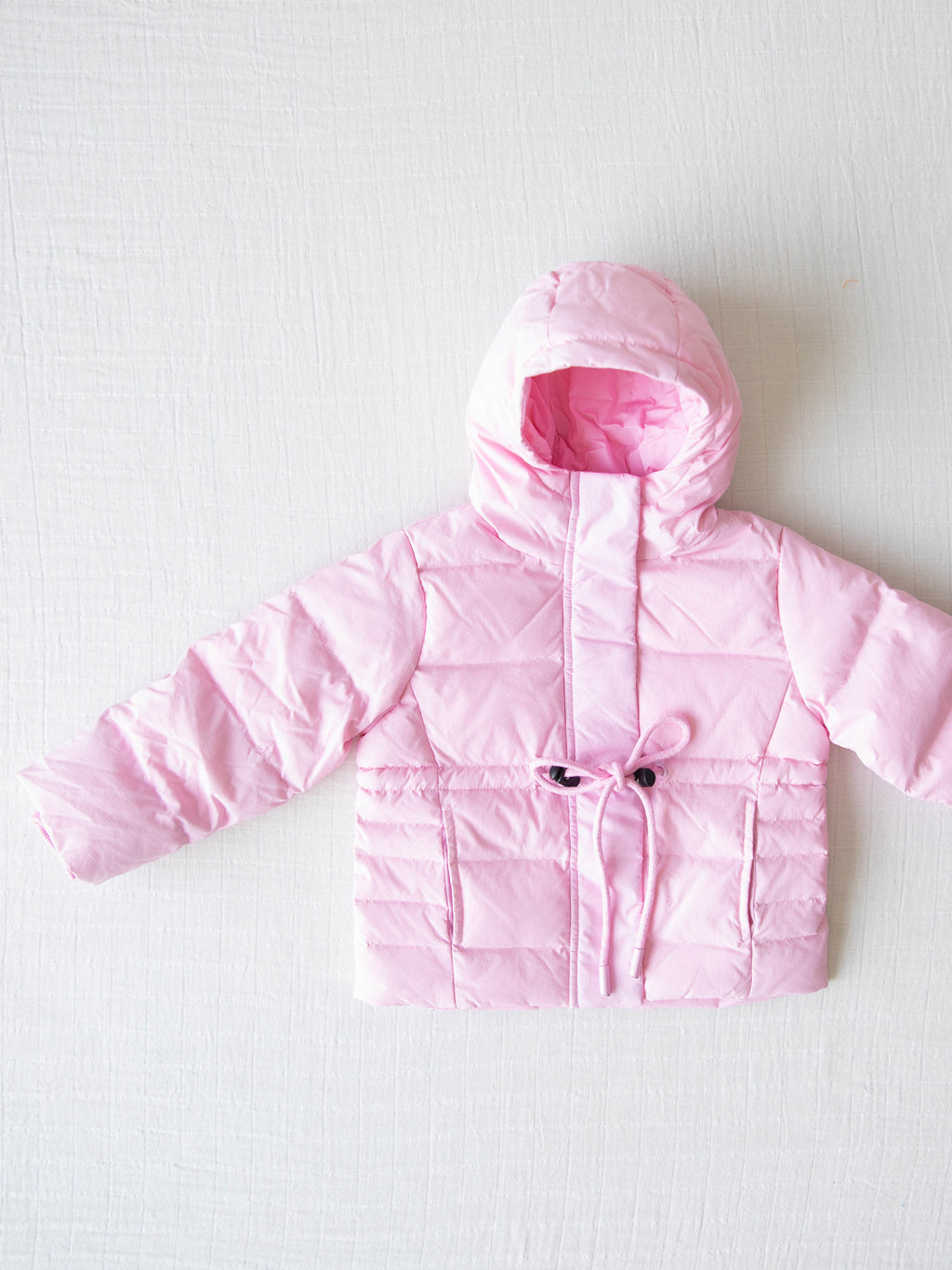 Puffer Jacket - Rose Mist Nylon Zip Hood Pockets Toggle Waist