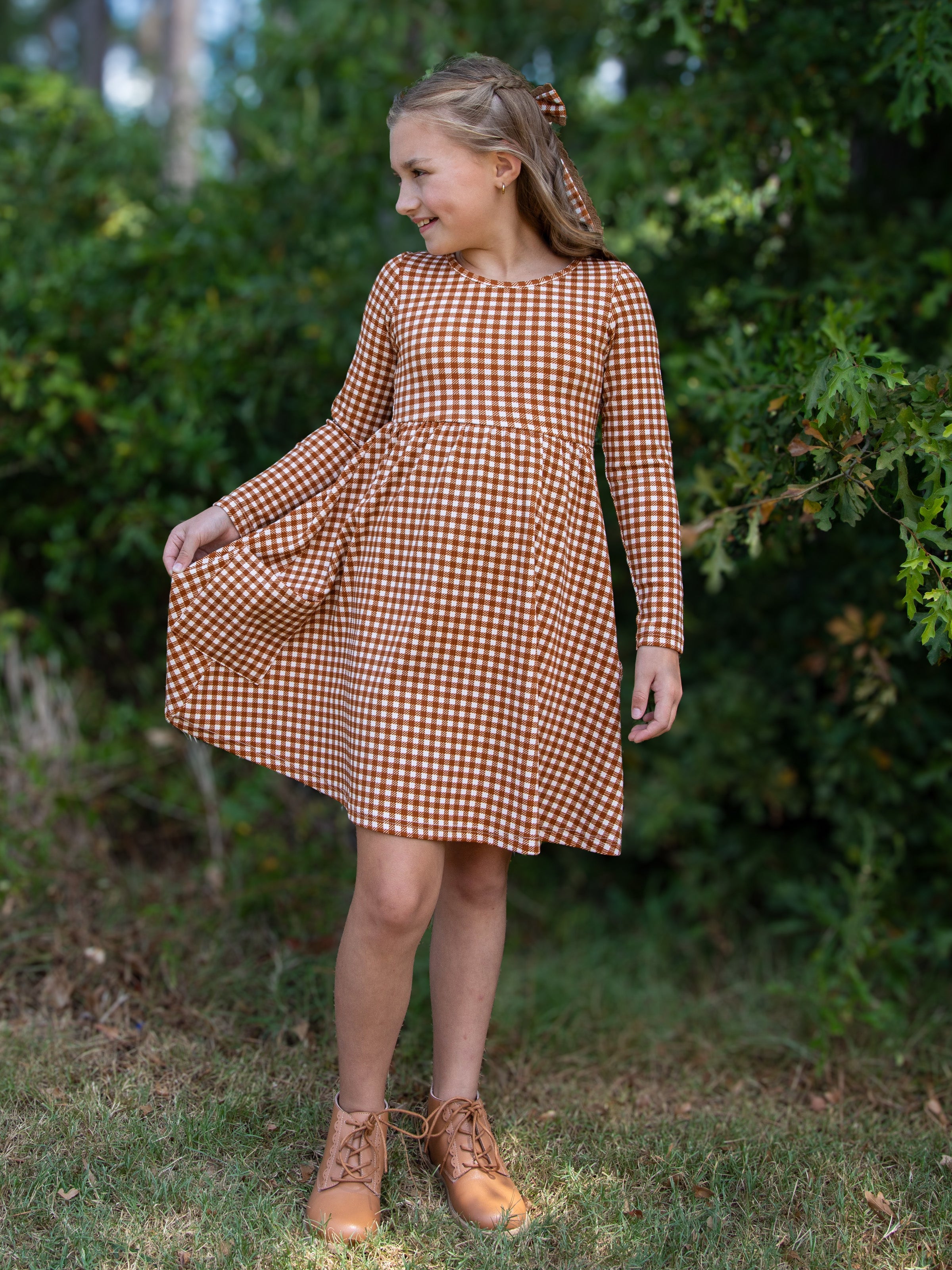 Fitted Ribbed Dress - Brown Check Cotton Spandex Stretch