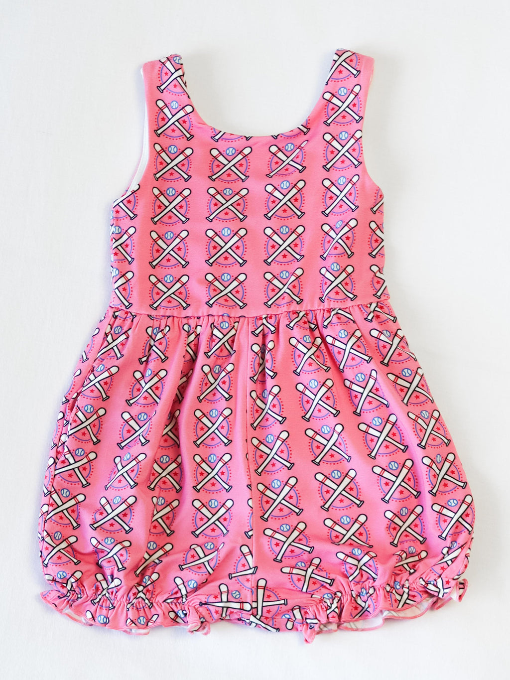 Short Leggy Romper - Baseball Bats Pink Lined Pockets