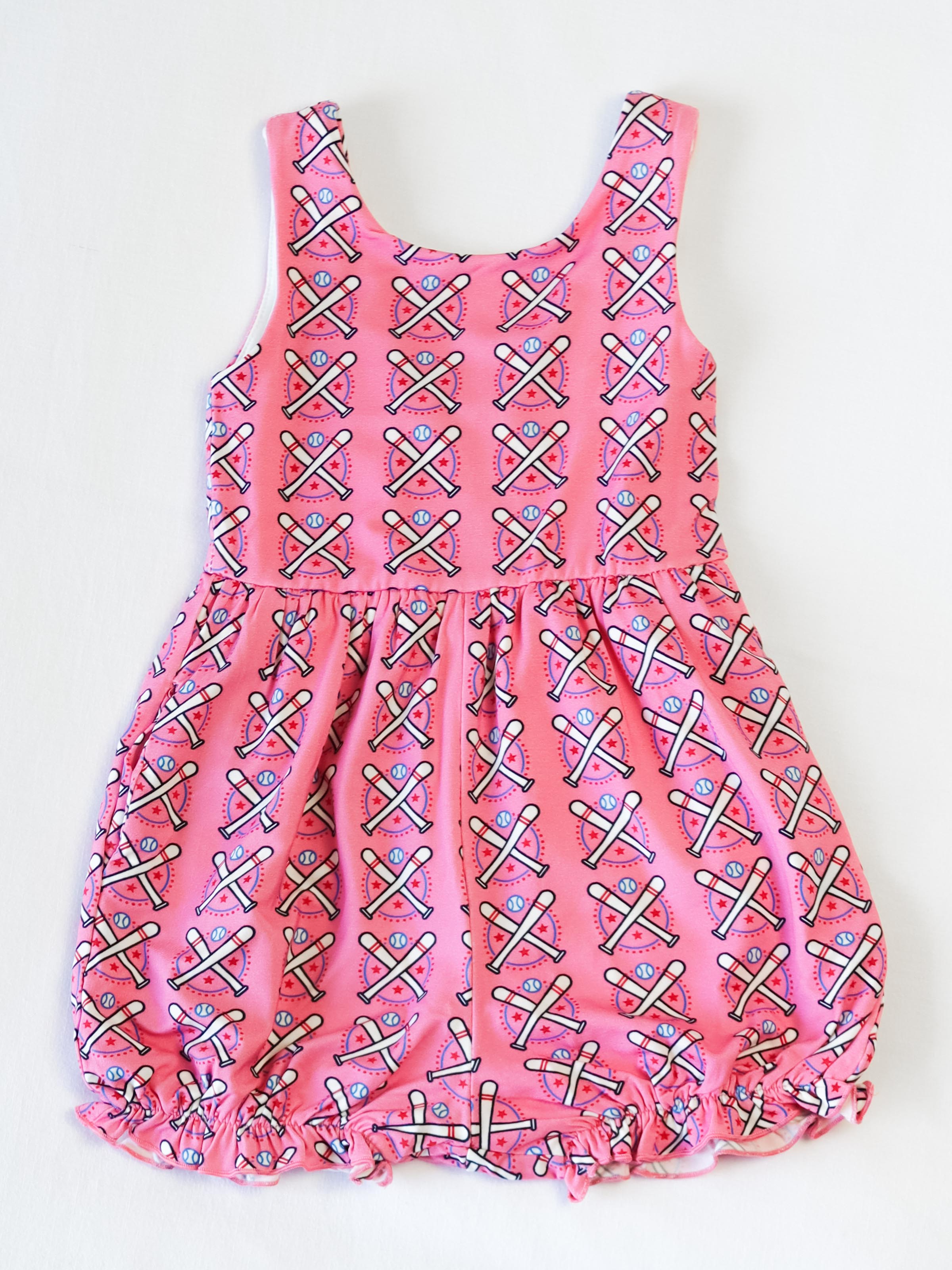 Short Leggy Romper - Baseball Bats Pink Lined Pockets