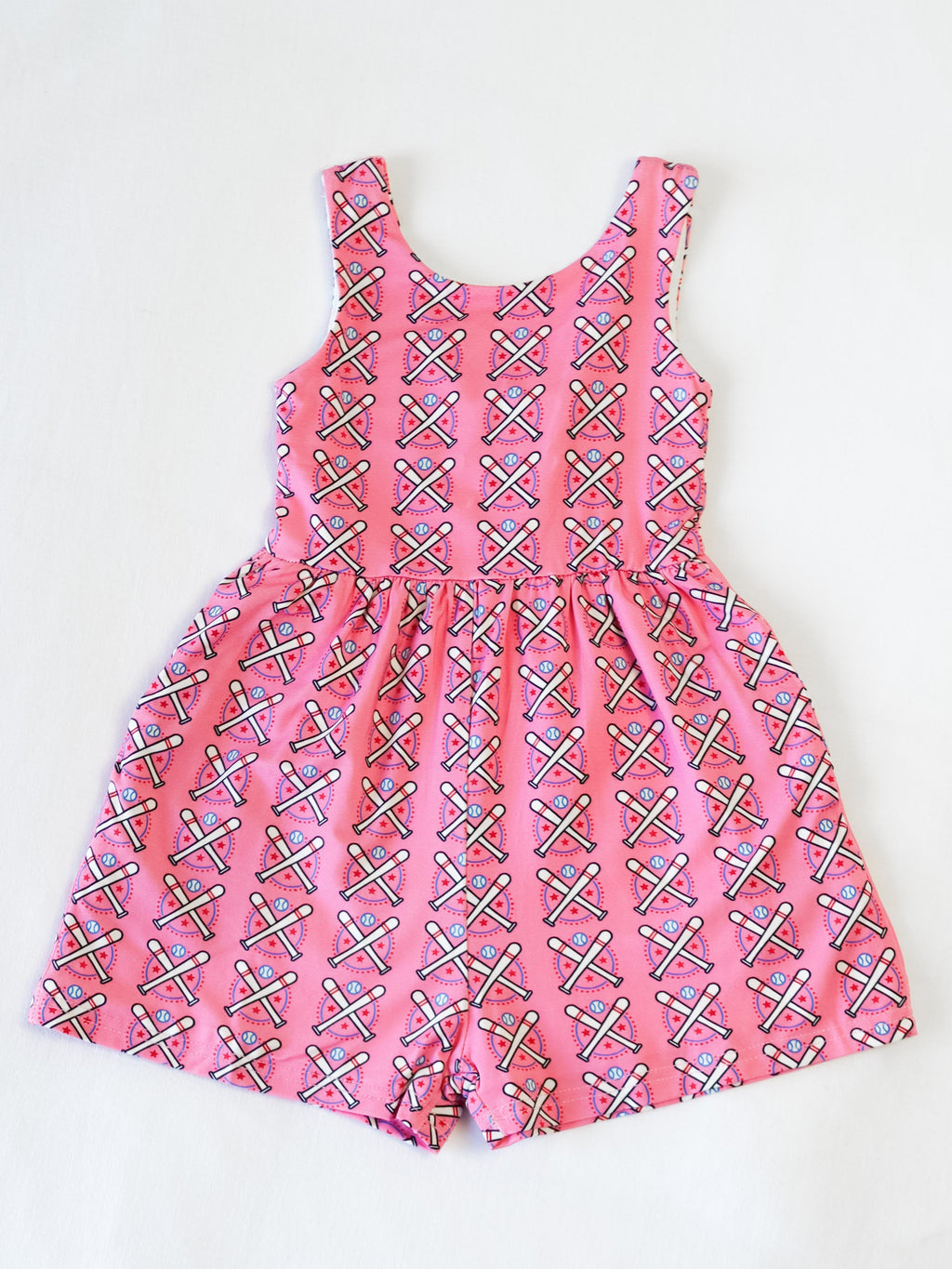 Short Leggy Romper - Baseball Bats Pink Lined Pockets