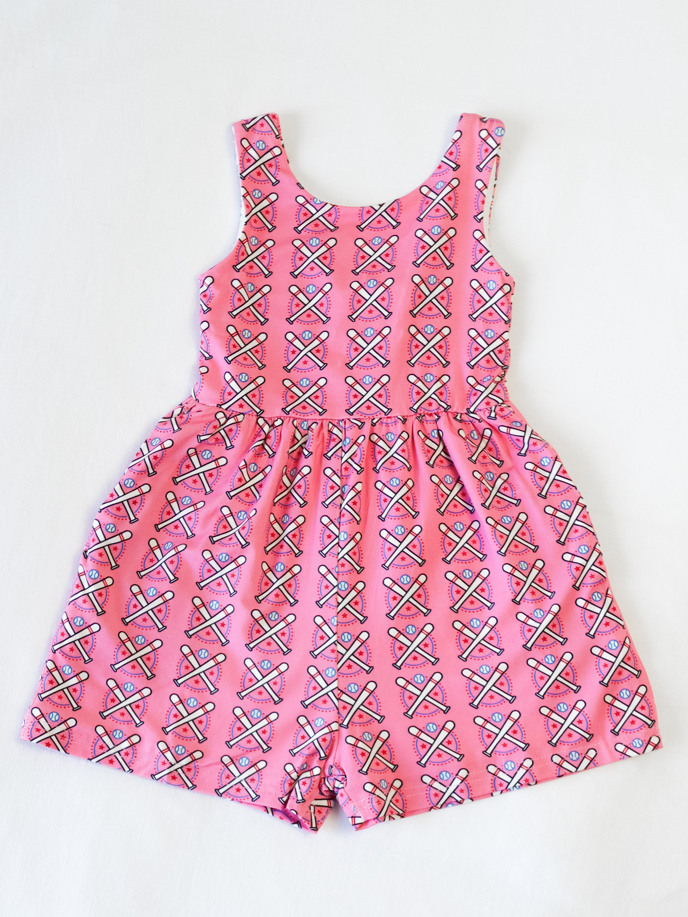 Short Leggy Romper - Baseball Bats Pink Lined Pockets