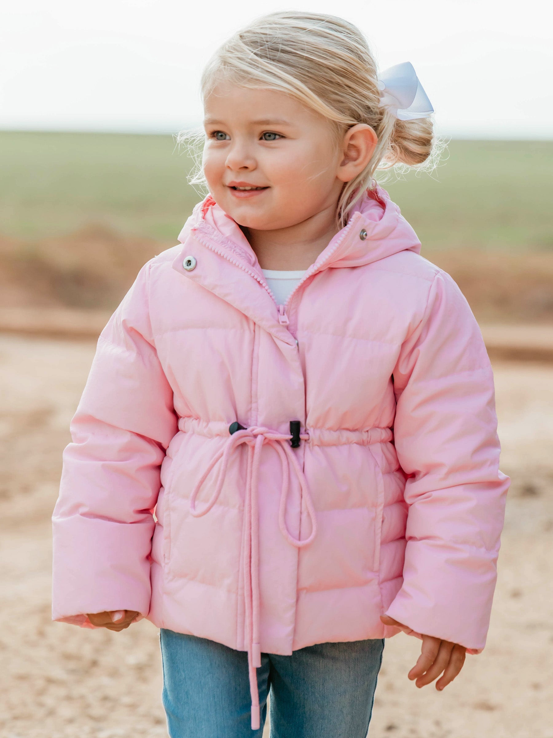 Puffer Jacket - Rose Mist Nylon Zip Hood Pockets Toggle Waist