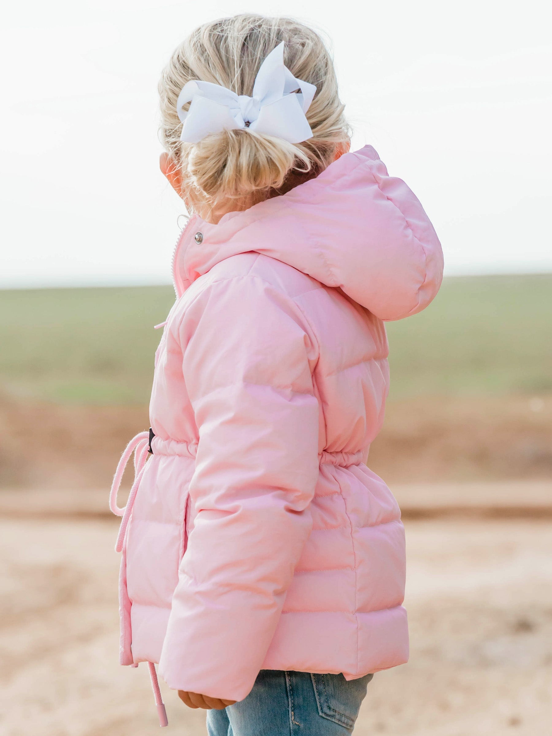 Puffer Jacket - Rose Mist Nylon Zip Hood Pockets Toggle Waist