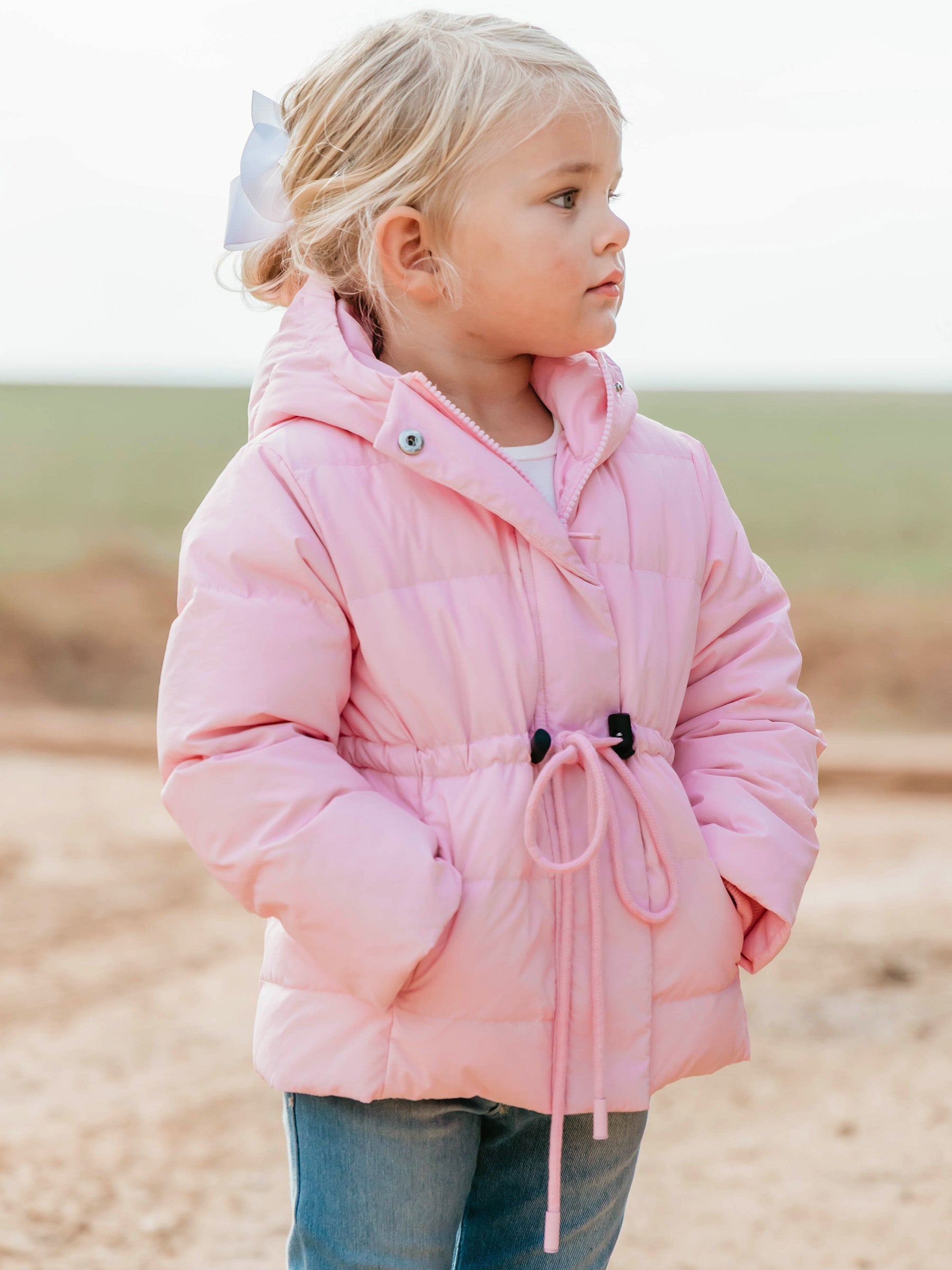 Puffer Jacket - Rose Mist Nylon Zip Hood Pockets Toggle Waist