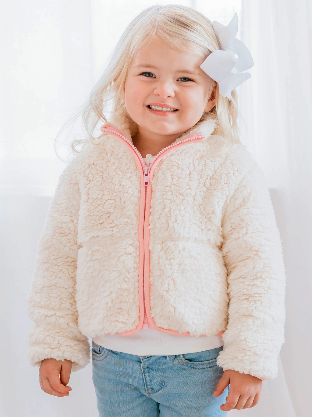 Sherpa Full Zip Jacket - Cream Polyester Mesh Lined Cuffs