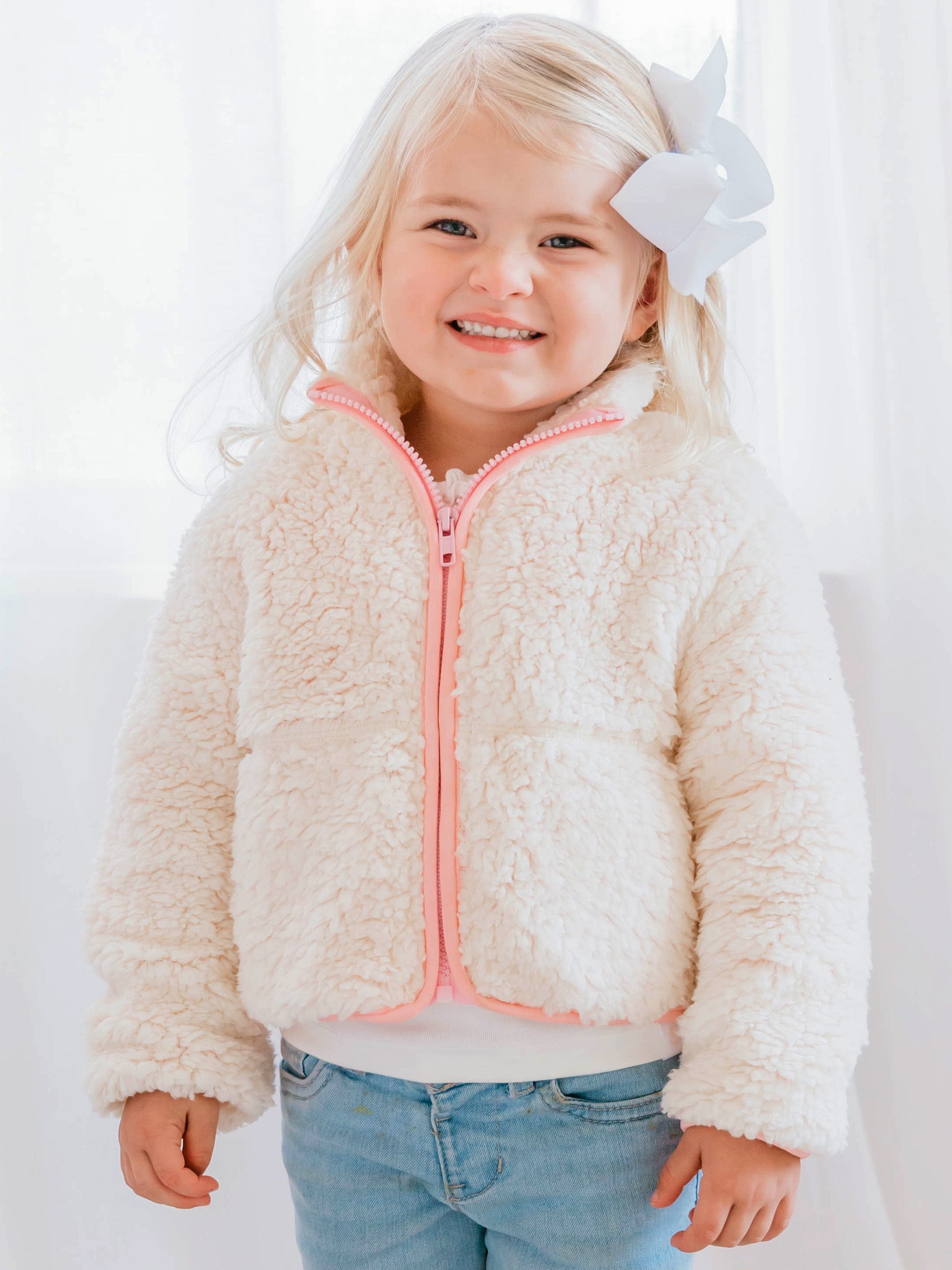 Sherpa Full Zip Jacket - Cream Polyester Mesh Lined Cuffs
