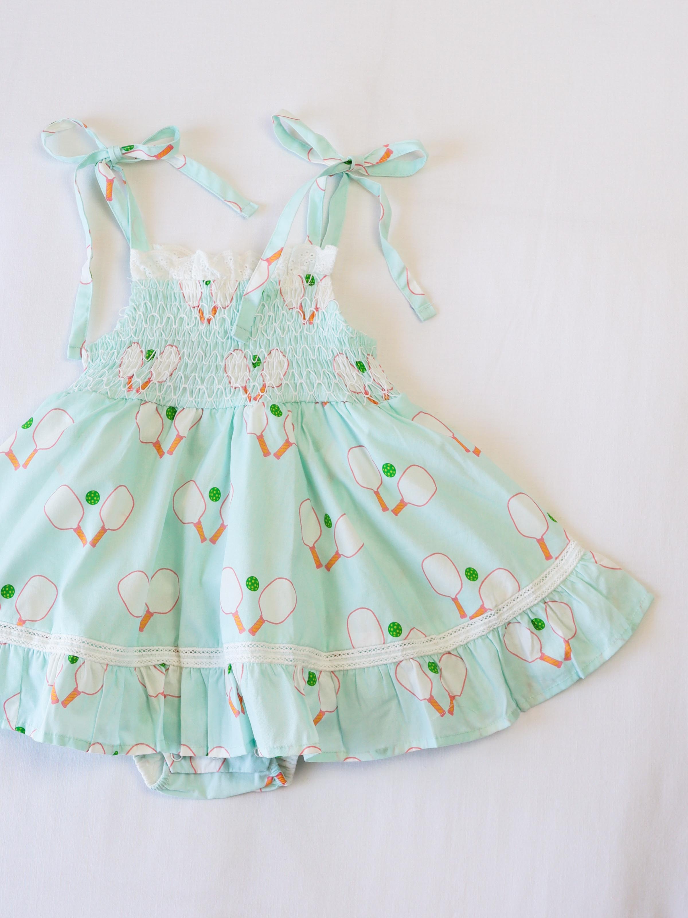 Smocked Dress - Pickleball Cotton Lined Lace Shoulder Ties