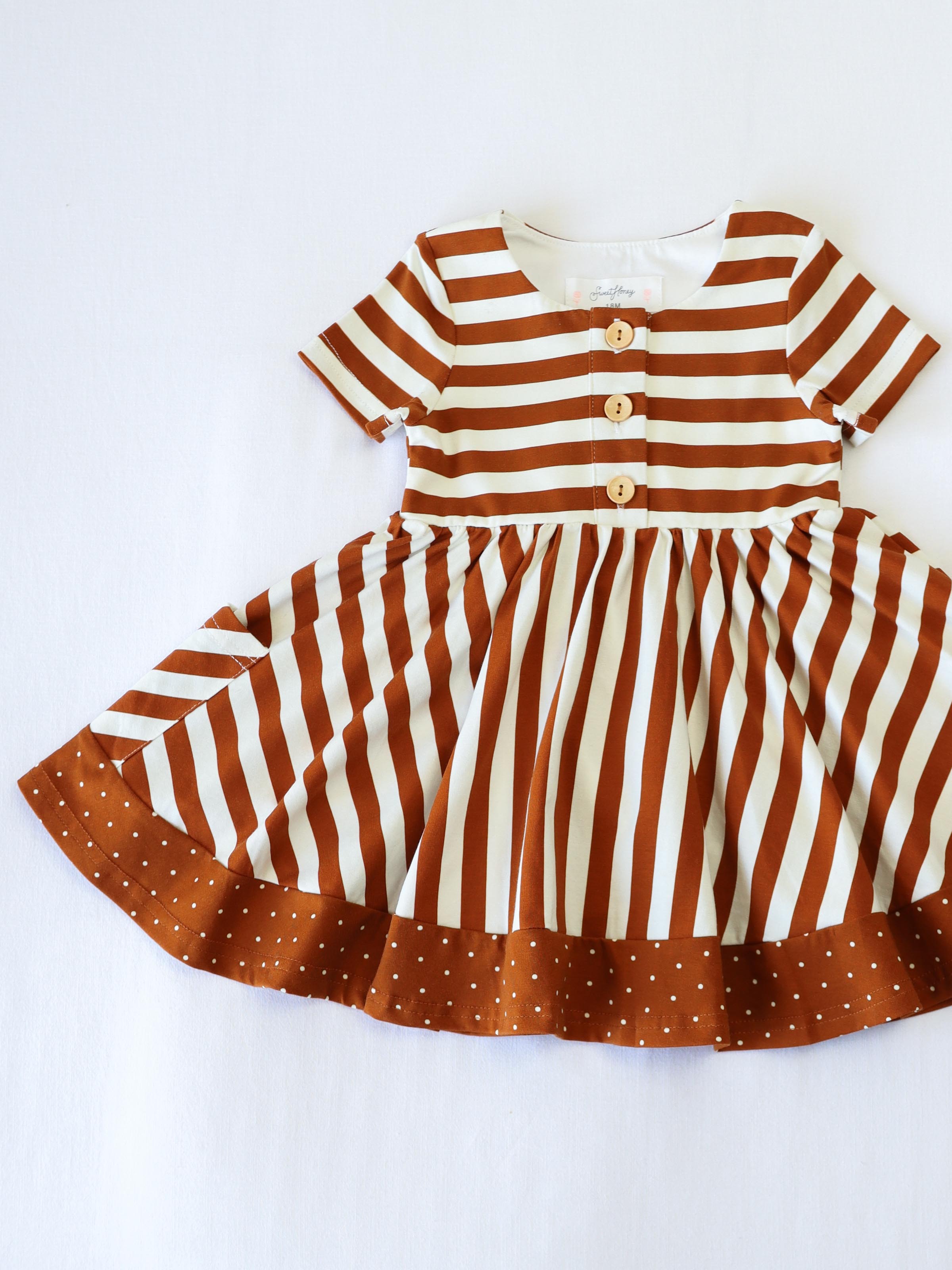 Playdate Dress - Pumpkin Spice Stripe Lined Bodice Buttons